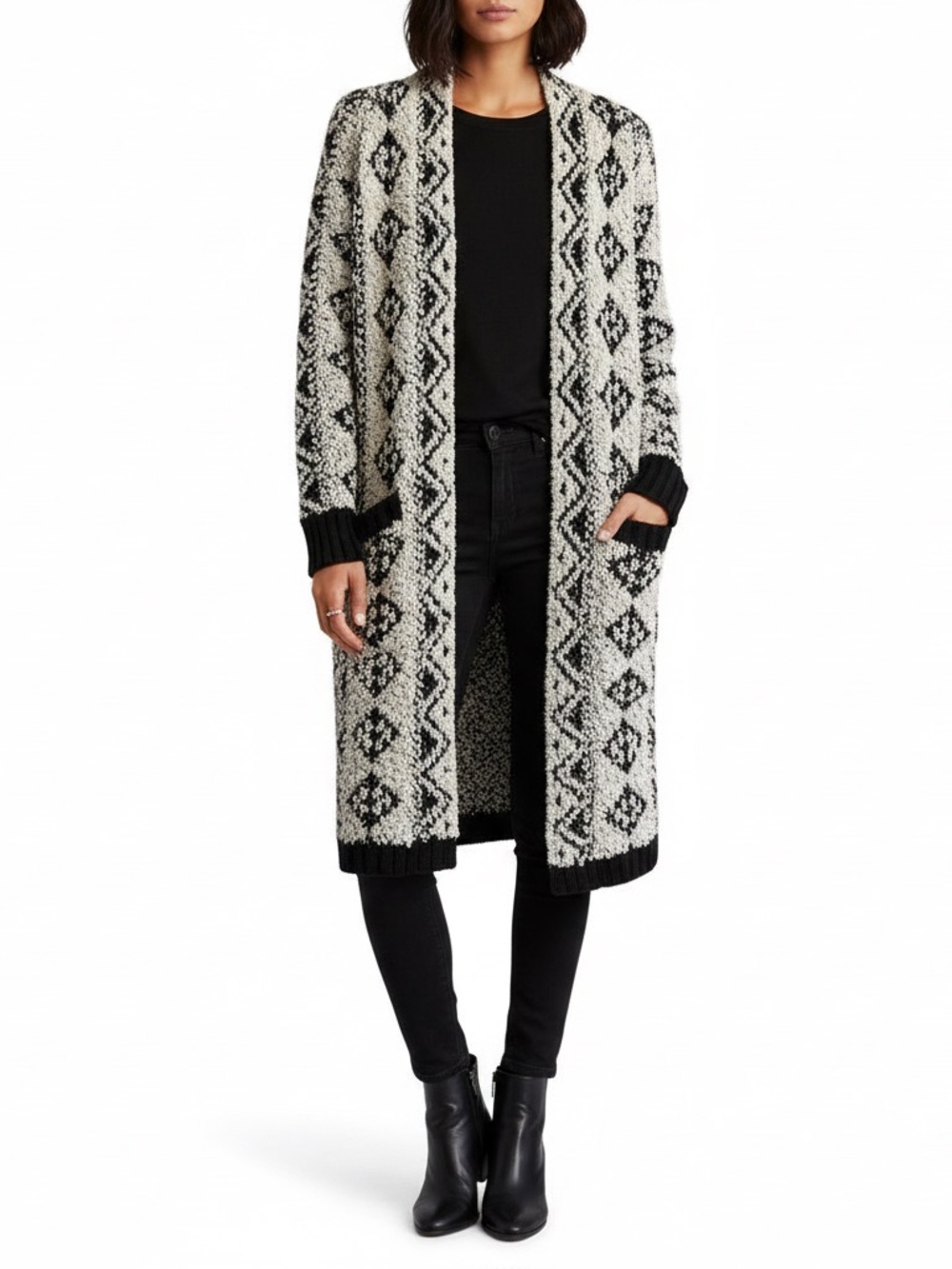 Solitaire Black and White Patterned Longline Cardigan